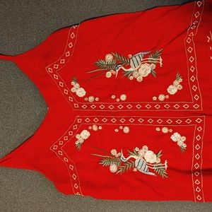 Women's Beautiful red floral large embroidered spaghetti strap tank camisole.